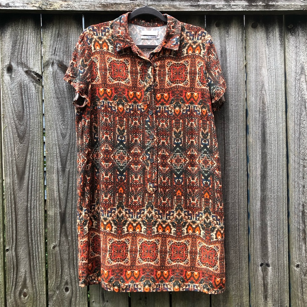 Urban Outfitters Shirt Dress Size L Orange Teal Viscose Linen Geometric Print